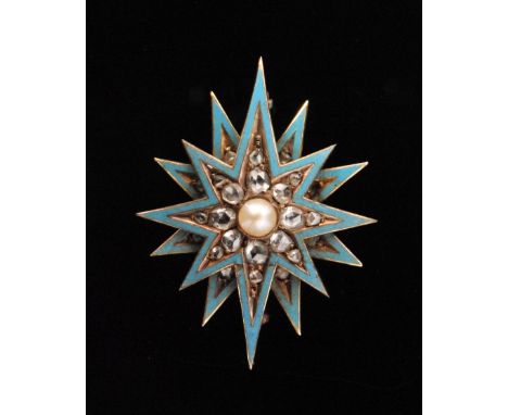 A Victorian blue enamelled split pearl and diamond star shaped brooch, formed of two overlaid stars with turquoise enamelled 
