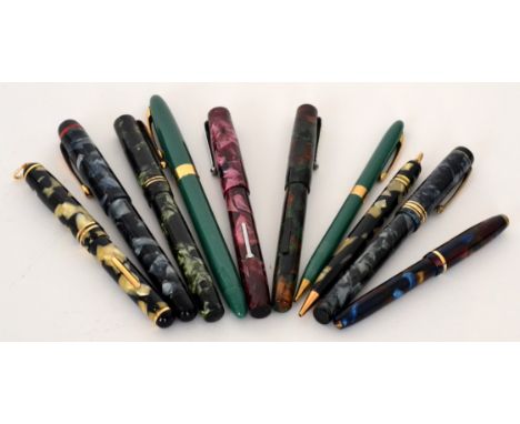 A collection of eight fountain pens to include a Swan Relief multi blue pen, Conway Stewart Dinkie 550, two Swan Mabie Todd s