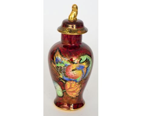 A 1930s Carlton Ware Crested Bird and Water Lily pattern vase and cover decorated with a brightly coloured enamel and gilt bi