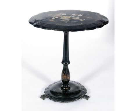 A 19th Century Japanned lacquered oval pedestal occasional table inlaid with mother of pearl decoration width 62cm together w