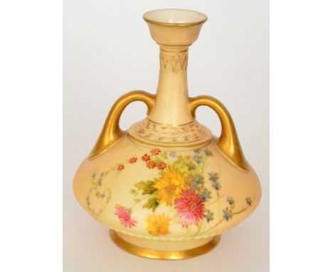 An early 20th Century Royal Worcester twin handled blush ivory vase decorated with enamel flowers and foliage, puce marks wit