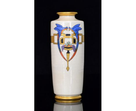 A 1920s Japanese Satsuma vase of cylindrical form decorated in the Art Deco style with two enamel long tailed birds peering i