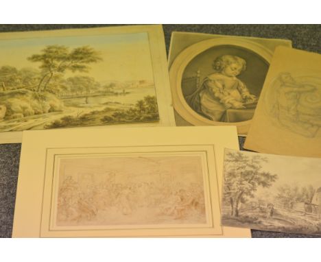 JOHN MASSEY WRIGHT (1777 - 1866) - The Country Dance, pencil and wash, signed with initials, unframed, 17cm x 28cm also three