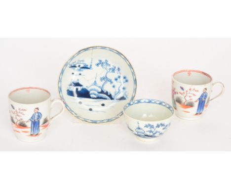 Two early 19th Century Chinoiserie coffee cups decorated with figures in Chinese dress watching a butterfly, unmarked, height