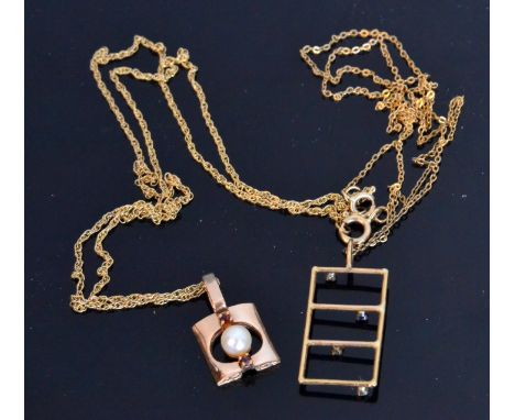 A 9ct hallmarked cultured pearl and garnet pendant together with a similar sapphire and diamond ladder example each suspended