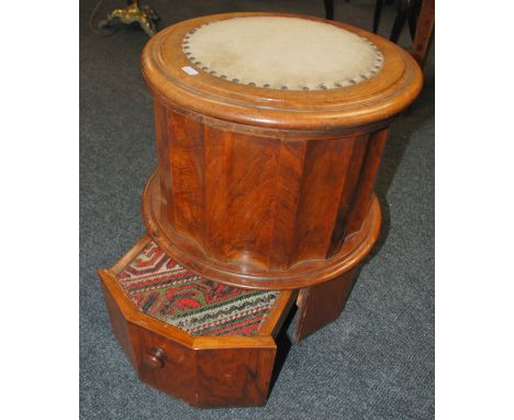 A Victorian mahogany circular commode with lift up lid over faceted sides and a base pull out step, width 41cm