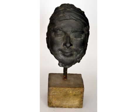 After the Antique - A 20th Century bronzed death mask, possibly Dante, on an iron pole and square composite plinth base, heig