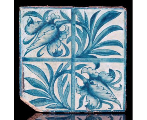 A William Morris six inch plastic clay tile decorated in the Tulip and Trellis pattern, the four panel formation with alterna