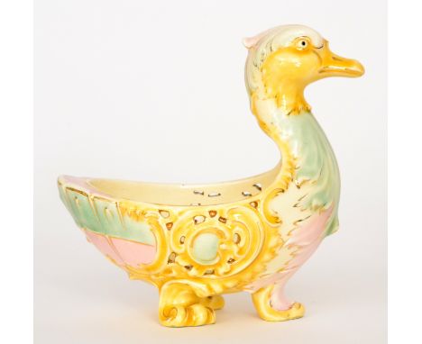 A Zsolnay pedestal bowl modelled as a duck with pastel enamel decoration and gilt detailing, impressed marks, height 16cm
