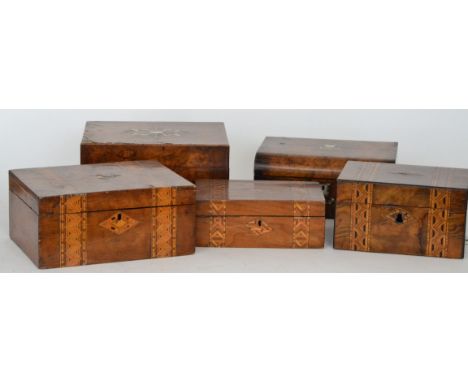 A Victorian burr walnut work box inlaid with a mother of pearl and brass cartouche panel together with a similar domed work b