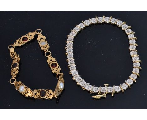 A modern 9ct garnet and split pearl fancy link bracelet, together with a similar diamond set example. (2).