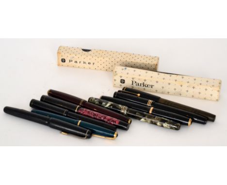 A collection of seven Parker fountain pens to include two pearl examples, comprising of a Parker Victory, a Slimfold, a Geo S