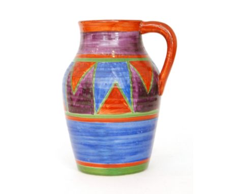 A 1930s Clarice Cliff Wilkinson Pottery Original Bizarre lotus jug, printed marks with red painted Bizarre, height 29cm, rest