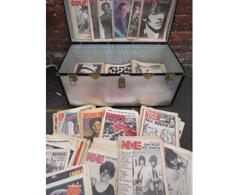A LARGE TRUNK CONTAINING A COLLECTION OF VINTAGE MUSIC MAGAZINES, to include Daily Record, Record and Radio Mirror, NME, Melo