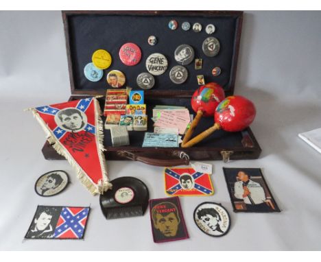 A COLLECTION OF VINTAGE MUSIC MEMORABILIA, to include pin badges, patches, Gene Vincent pennant flag and a Reisenthel's recor