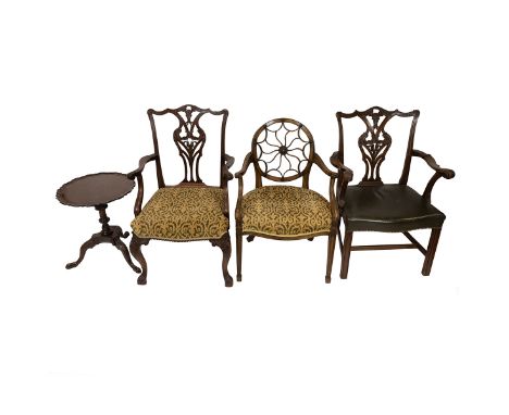 Quality antique armchairs and Georgian pie crust wine table (4). Two non-identical mahogany Chippendale design open armchairs