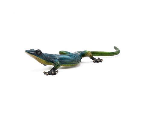 Tim Cotterill (b.1950) 'Frogman' a limited edition enamelled bronze newt, c2006, numbered 543/2000. L 20cm, H 3.5cm, W 8cm.&n