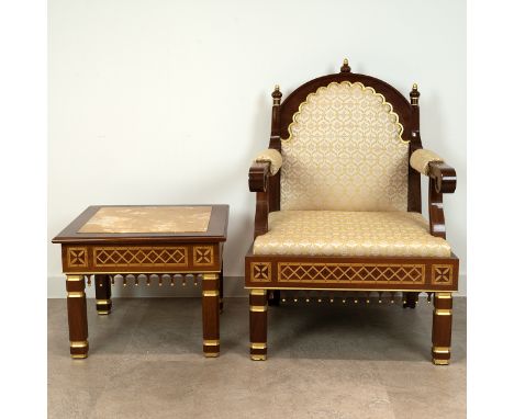 Contemporary bespoke armchair and coffee table. Mahogany construction to both with maple and walnut marquetry panels and gilt