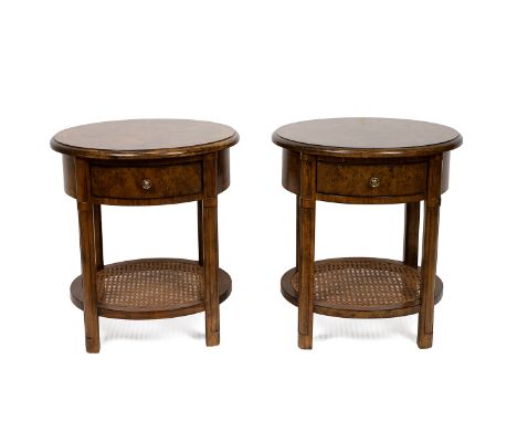 Pair contemporary John Lewis circular coffee or sofa tables (2). Burr and straight walnut construction with single drawer to 