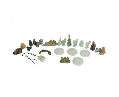 A collection of Chinese Jade, Jadeite, soapstone, porcelain and bone items to include roosters, zodiacal plaques, Confucius, 