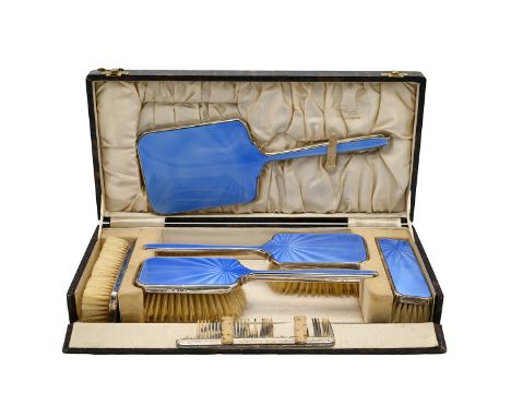 Silver blue Guilloche enamel cased six-piece dressing table set, Birmingham 1940, WW Ltd.