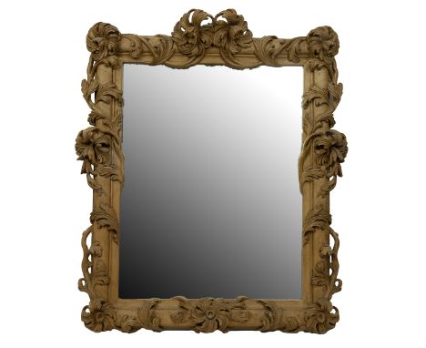 Vintage Continental carved wood mirror, foliate carved detail, bevel edged plate. H 94cm, W 80cm.&nbsp;