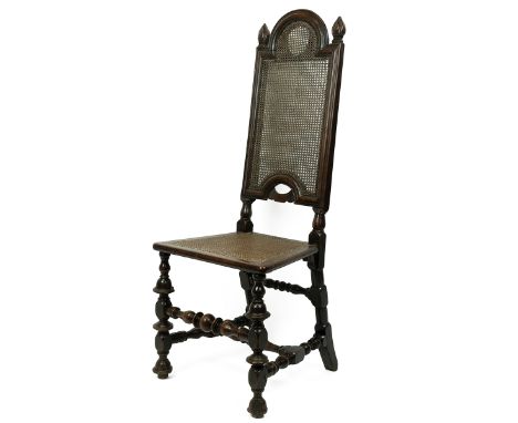 William &amp; Mary oak and cane side chair, 17th Century. Bobbin turned legs and supports with simple carved finials to top. 