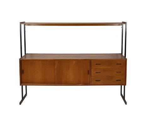Vintage mid century Interflex modular teak sideboard, similar to Ladderax. Square tubular uprights supporting a sideboard uni