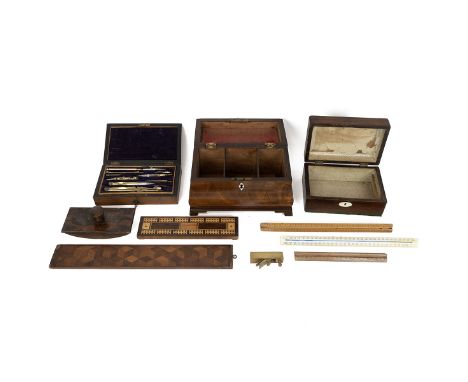 A collection of wooden boxes to include a bombe shape rosewood tea caddy, mahogany box, oak cased draftsmen's set, small bras