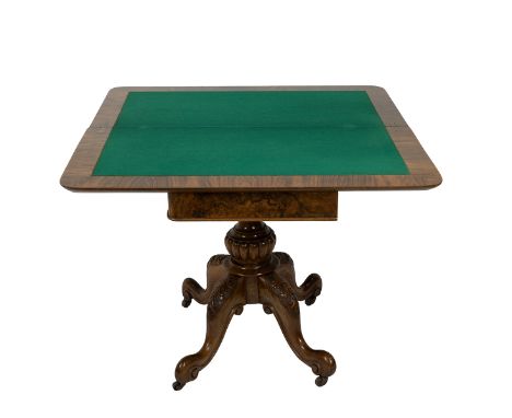 Fold over pedestal card table, 19th Century. Burr Walnut top with carved walnut base. Opens to green baize surface. Closed H 