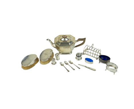 Miscellaneous silver items to include a silver enamel pill box, silver teapot, toast rack, fruit knife and other items, vario