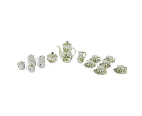 Royal Worcester 'The Blind Earl' coffee set comprising lidded coffee pot, cream jug, lidded sugar bowl and 6 x cups and sauce