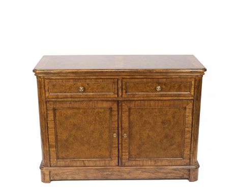 John Lewis Contemporary Sideboard. Burr and banded walnut with brass handles. Two drawers above with cupboard doors below to 