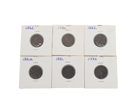Six (6) Queen Victoria 1880s bronze Farthings, including 1880, 1881, 1881 Heaton, 1883, 1884 and 1885. Grades: EF.