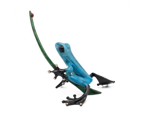 Tim Cotterill (b.1950) 'Frogman' a limited edition enamelled bronze frog and ladybird, c2005, numbered 1239/5000. L 11cm, H 1