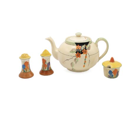Clarice Cliff for Newport Pottery Autumn Crocus pattern cruet set comprising salt and pepper shakers and a mustard pot with l