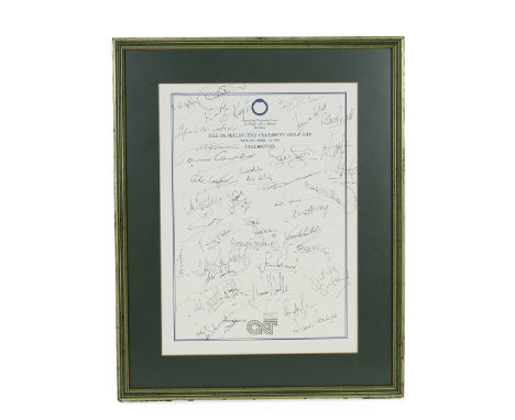 Framed Celebrity Golf Day, Woburn c1992 profusely covered with celebrity autographs. Including Frank Packman, Keith Langford,