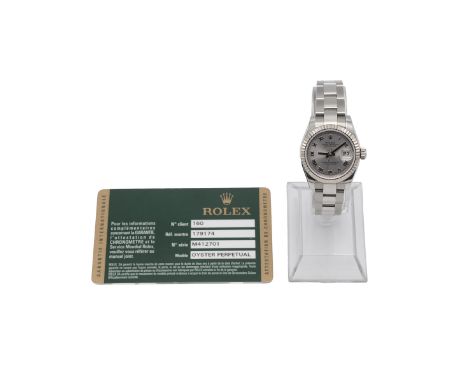 Rolex Lady's Oyster Perpetual Datejust automatic wristwatch. Ref 179174, Serial Mxxx701. Stainless steel, 26mm case, silvered