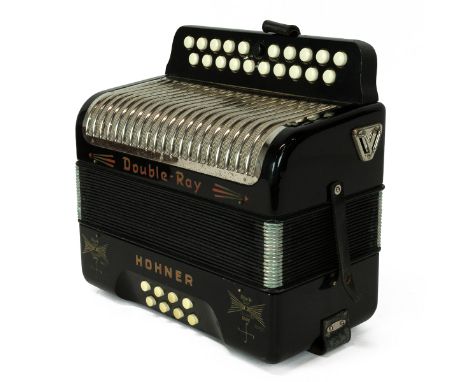 Hohner double-ray medoleon / accordion. Made in Germany, 21 treble and 8 bass buttons, Gloss black finish. In a maroon carry 