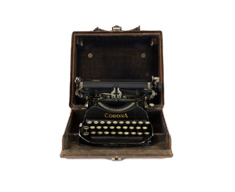 Antique Corona 3 folding portable typewriter, black enamel body, original brown leather case.