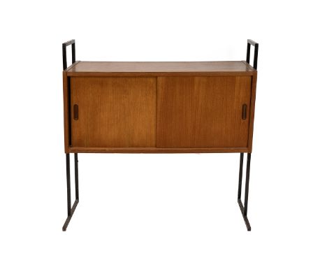 Vintage mid century Interflex modular teak record cabinet, similar to Ladderax. Square tubular uprights supporting a smaller 