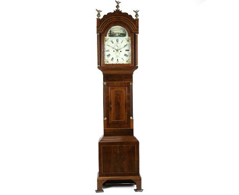 Singer, Frome - mid 19th Century mahogany longcase clock. Scrolled arched and inlaid pediment with three brass eagle and ball