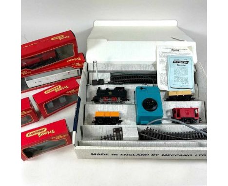 A Hornby Ready to Run electric train set no 2001, with engine and three carriages, boxed, together with five Triang carriages