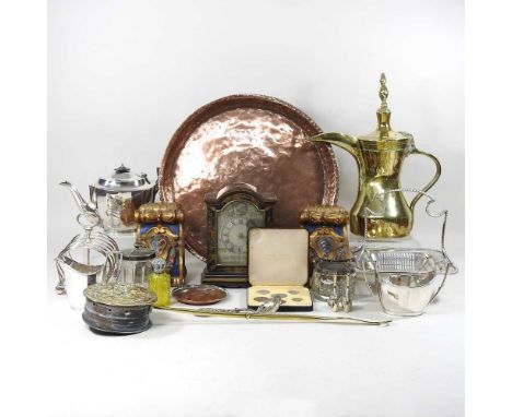 A chinoiserie mantel clock, together with a pair of painted bookends, various silver plate and metalwares