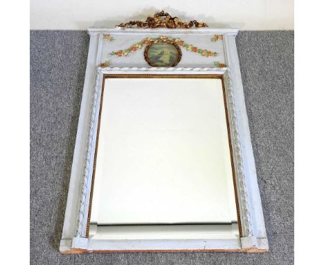 A mid 20th century painted pier mirror, with a bevelled plate, inset with a portrait medallion and coloured festoons of flowe