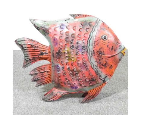 A painted metal tea light holder, in the form of a fish, 45cm high