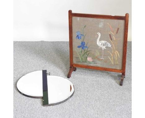 An Art Deco style wall mirror, 55 x 40cm, together with a fire screen (2)