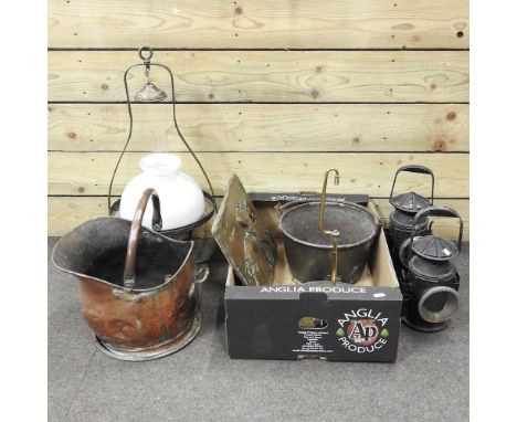 A set of 19th century brass scales, two coaching lamps and other metalwares