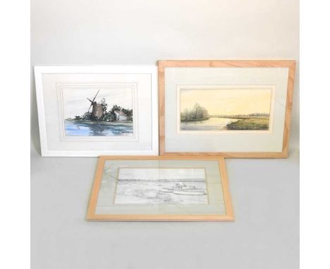 Michael Bensley, contemporary, Norfolk river landscape, signed watercolour, 21 x 43cm, together with Gilbert, windmill, signe