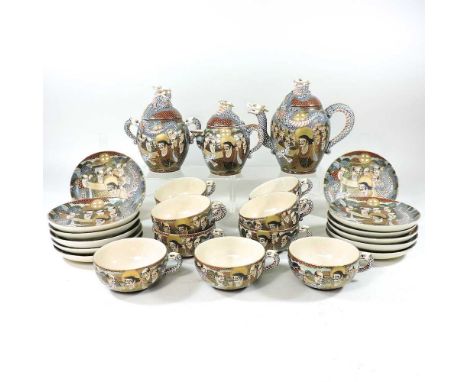 An early 20th century Japanese Satsuma part tea set, decorated with figures, signedOverall crazing to the body and a brown di